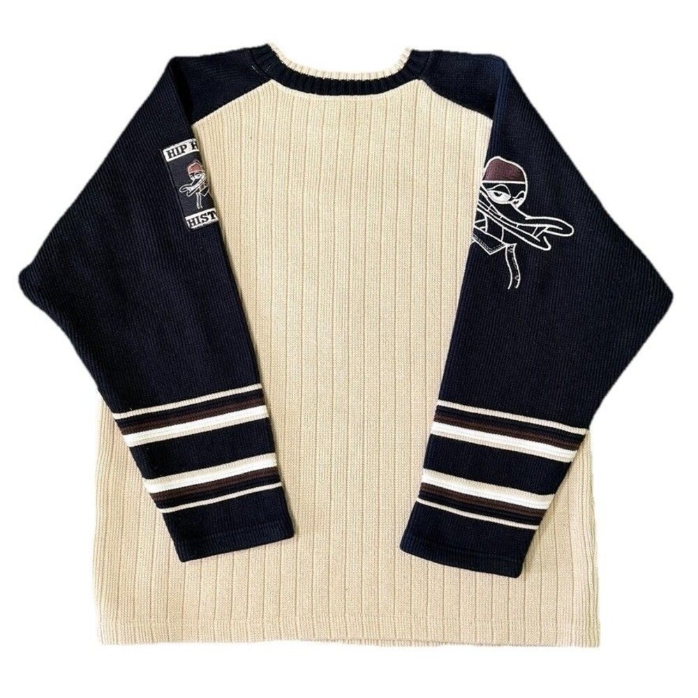 Hip Hop History Graphic Y2K Ribbed Knit Sweater Mens Colorblock Raglan Size XL - Picture 3 of 10